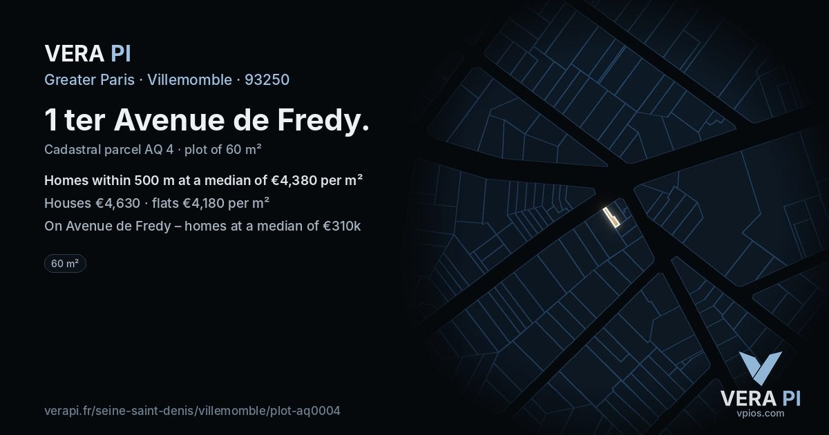 1 ter Avenue de Fredy, Villemomble at night – the plot lit, the parcels around coloured by the prices near them