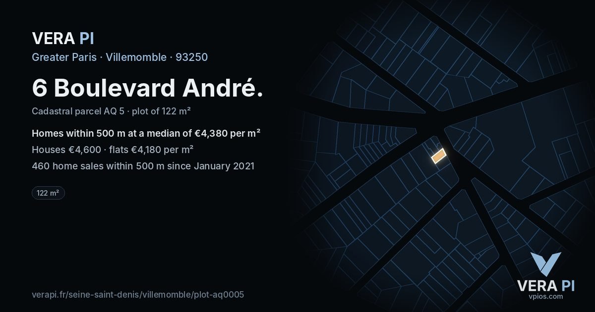 6 Boulevard André, Villemomble at night – the plot lit, the parcels around coloured by the prices near them