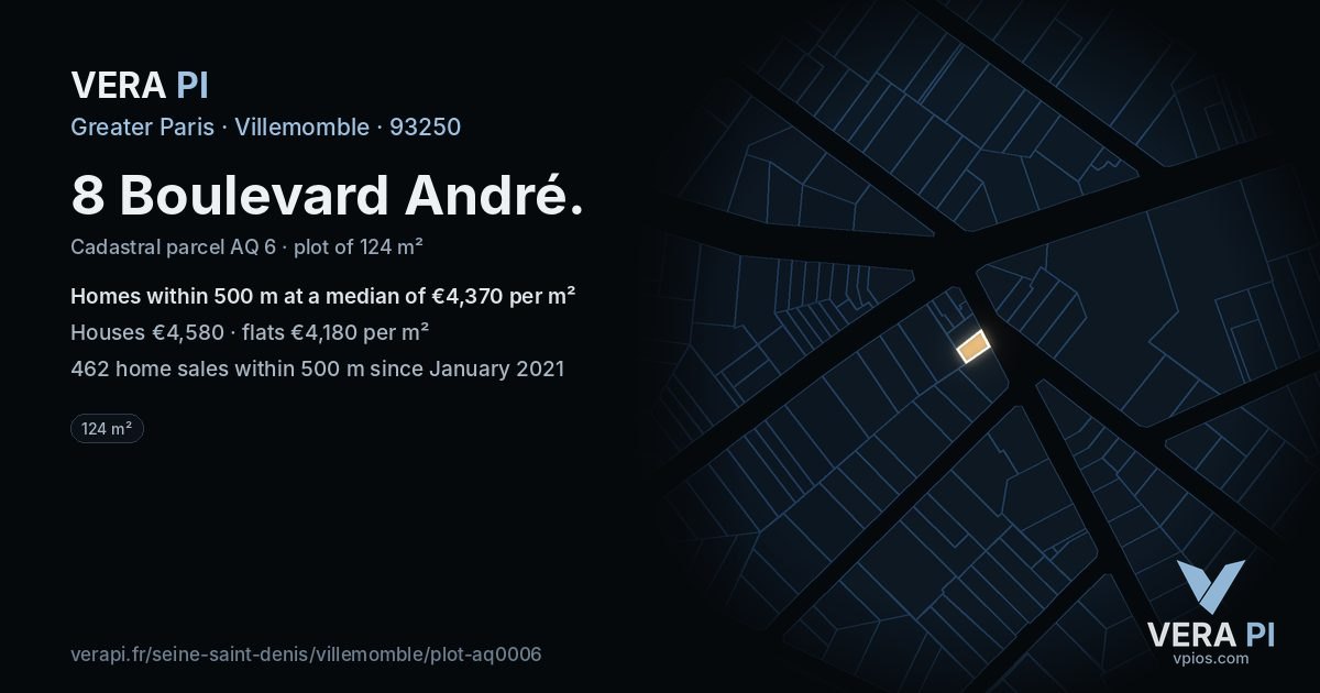 8 Boulevard André, Villemomble at night – the plot lit, the parcels around coloured by the prices near them