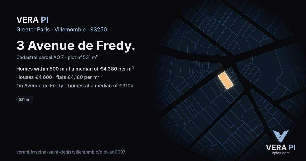 3 Avenue de Fredy, Villemomble at night – the plot lit, the parcels around coloured by the prices near them