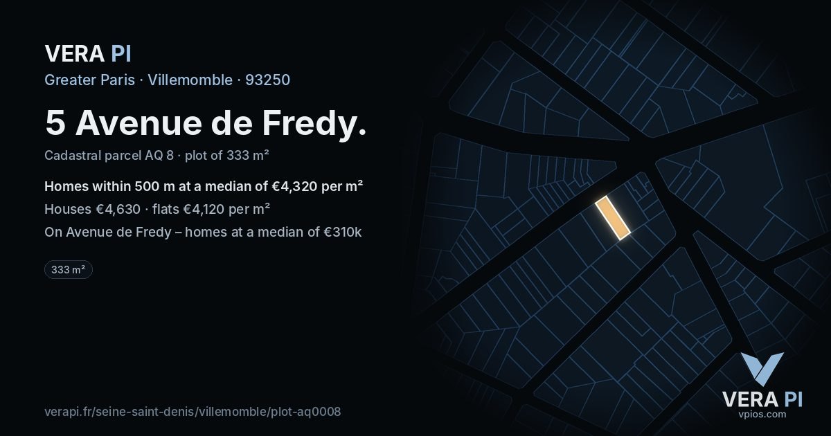 5 Avenue de Fredy, Villemomble at night – the plot lit, the parcels around coloured by the prices near them