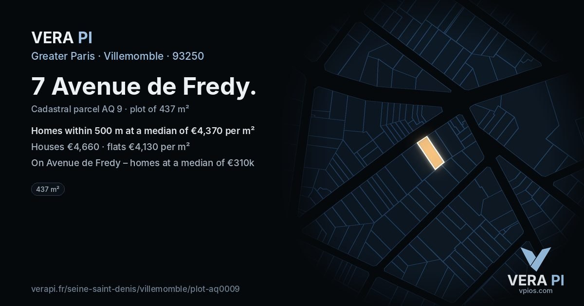 7 Avenue de Fredy, Villemomble at night – the plot lit, the parcels around coloured by the prices near them