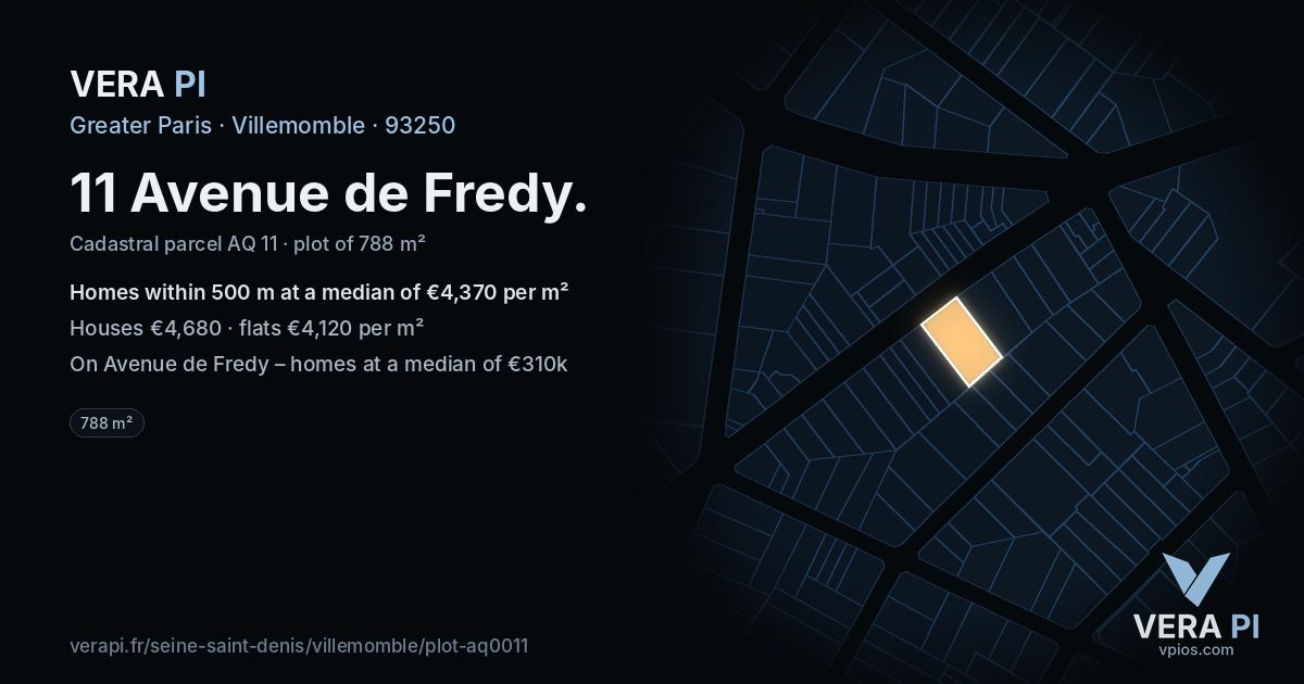 11 Avenue de Fredy, Villemomble at night – the plot lit, the parcels around coloured by the prices near them