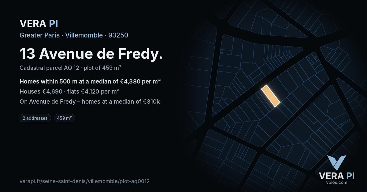 13 Avenue de Fredy, Villemomble at night – the plot lit, the parcels around coloured by the prices near them