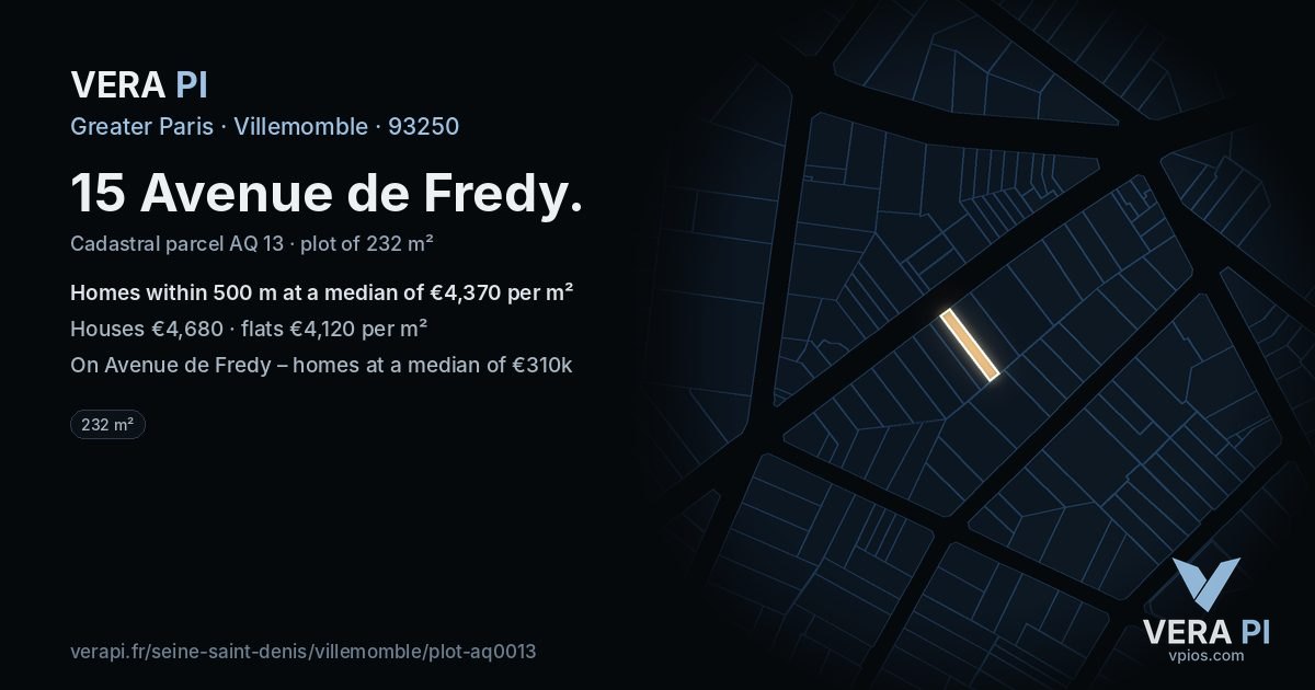 15 Avenue de Fredy, Villemomble at night – the plot lit, the parcels around coloured by the prices near them