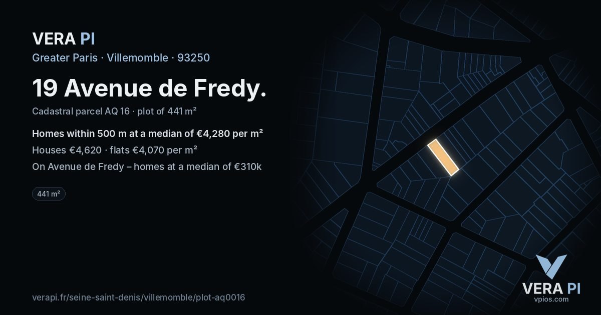 19 Avenue de Fredy, Villemomble at night – the plot lit, the parcels around coloured by the prices near them