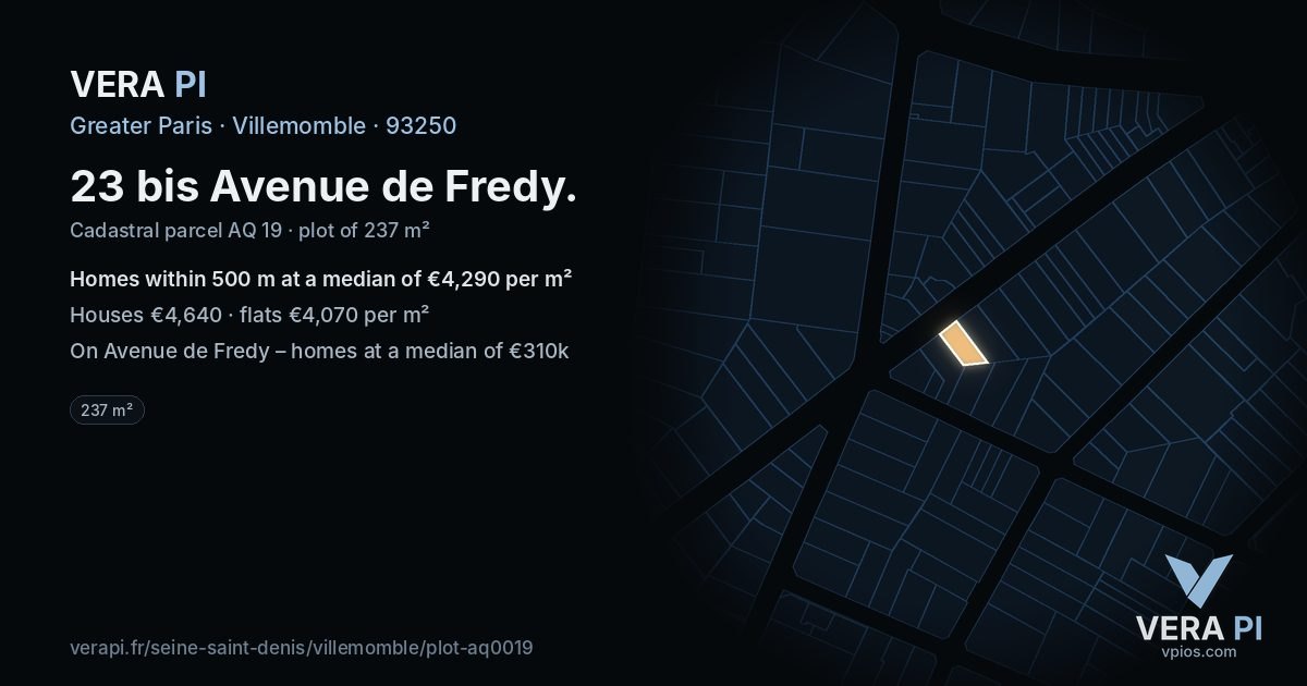 23 bis Avenue de Fredy, Villemomble at night – the plot lit, the parcels around coloured by the prices near them