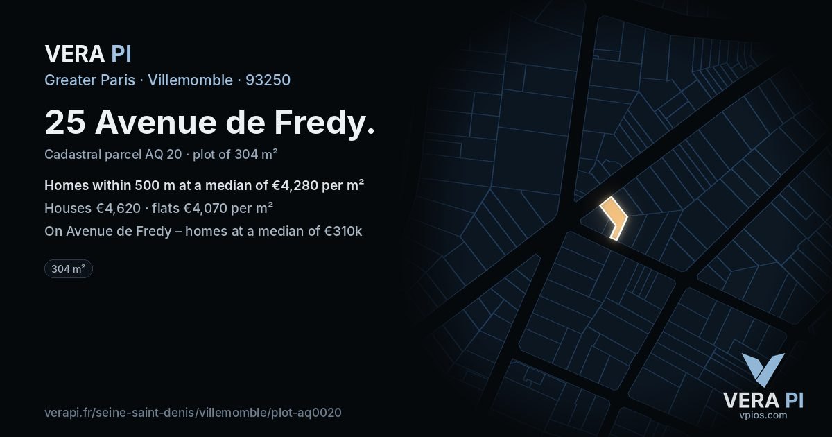 25 Avenue de Fredy, Villemomble at night – the plot lit, the parcels around coloured by the prices near them