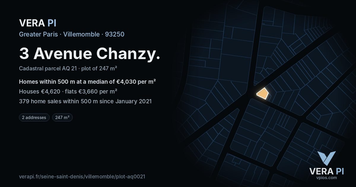 3 Avenue Chanzy, Villemomble at night – the plot lit, the parcels around coloured by the prices near them