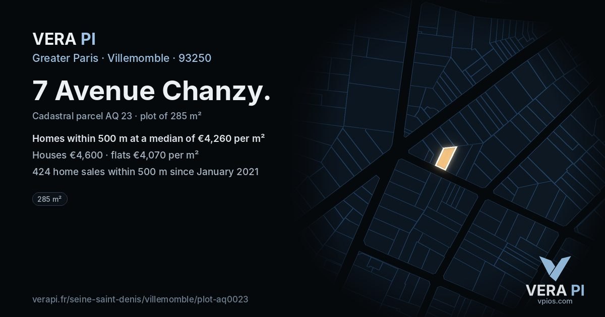 7 Avenue Chanzy, Villemomble at night – the plot lit, the parcels around coloured by the prices near them