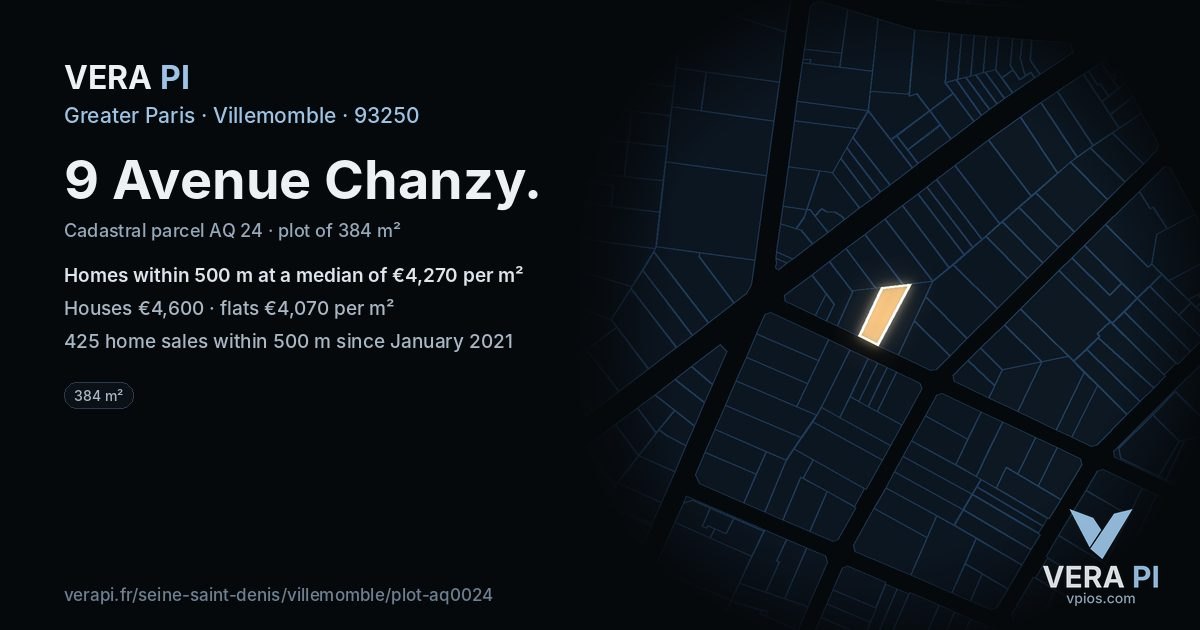 9 Avenue Chanzy, Villemomble at night – the plot lit, the parcels around coloured by the prices near them