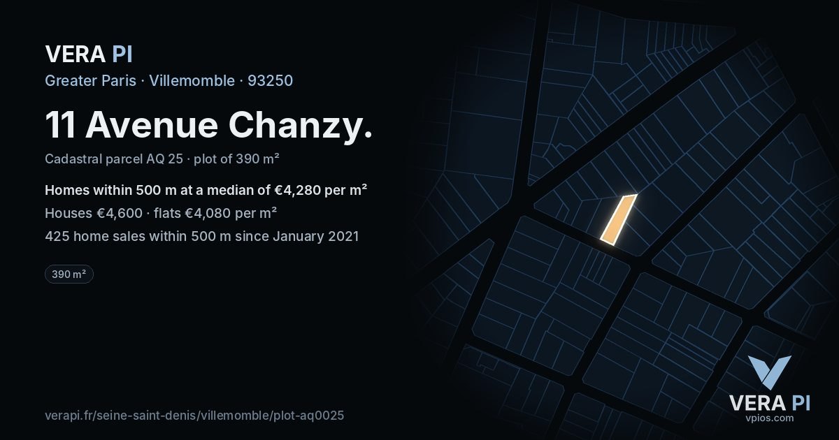 11 Avenue Chanzy, Villemomble at night – the plot lit, the parcels around coloured by the prices near them