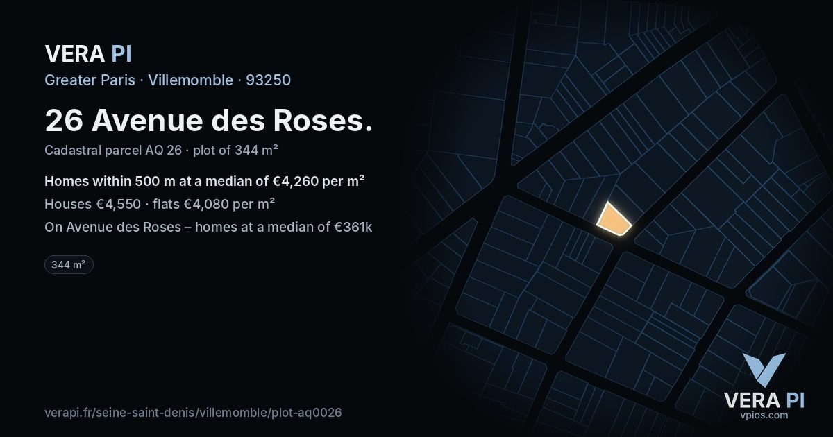26 Avenue des Roses, Villemomble at night – the plot lit, the parcels around coloured by the prices near them