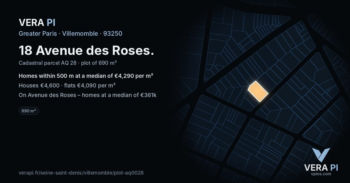 18 Avenue des Roses, Villemomble at night – the plot lit, the parcels around coloured by the prices near them