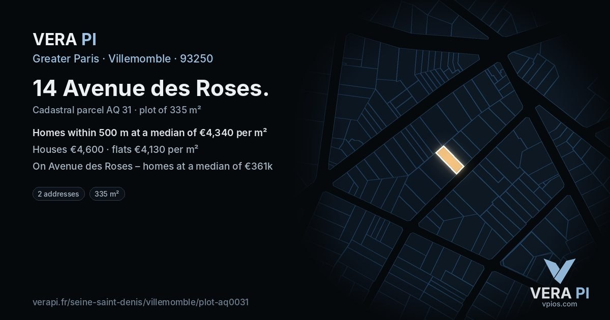 14 Avenue des Roses, Villemomble at night – the plot lit, the parcels around coloured by the prices near them