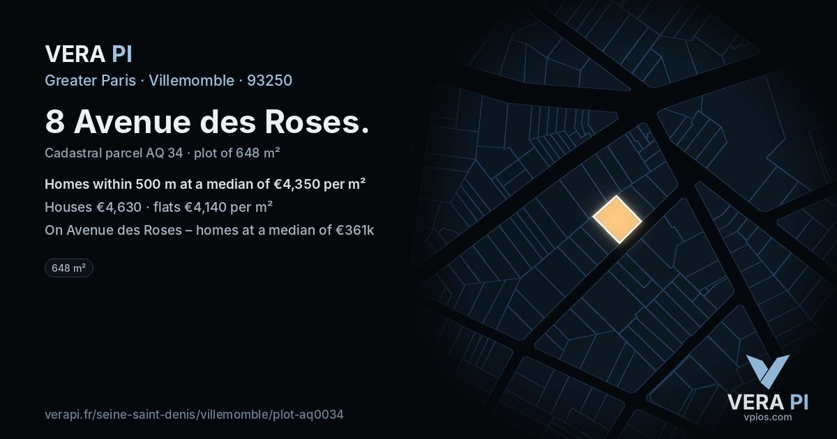 8 Avenue des Roses, Villemomble at night – the plot lit, the parcels around coloured by the prices near them