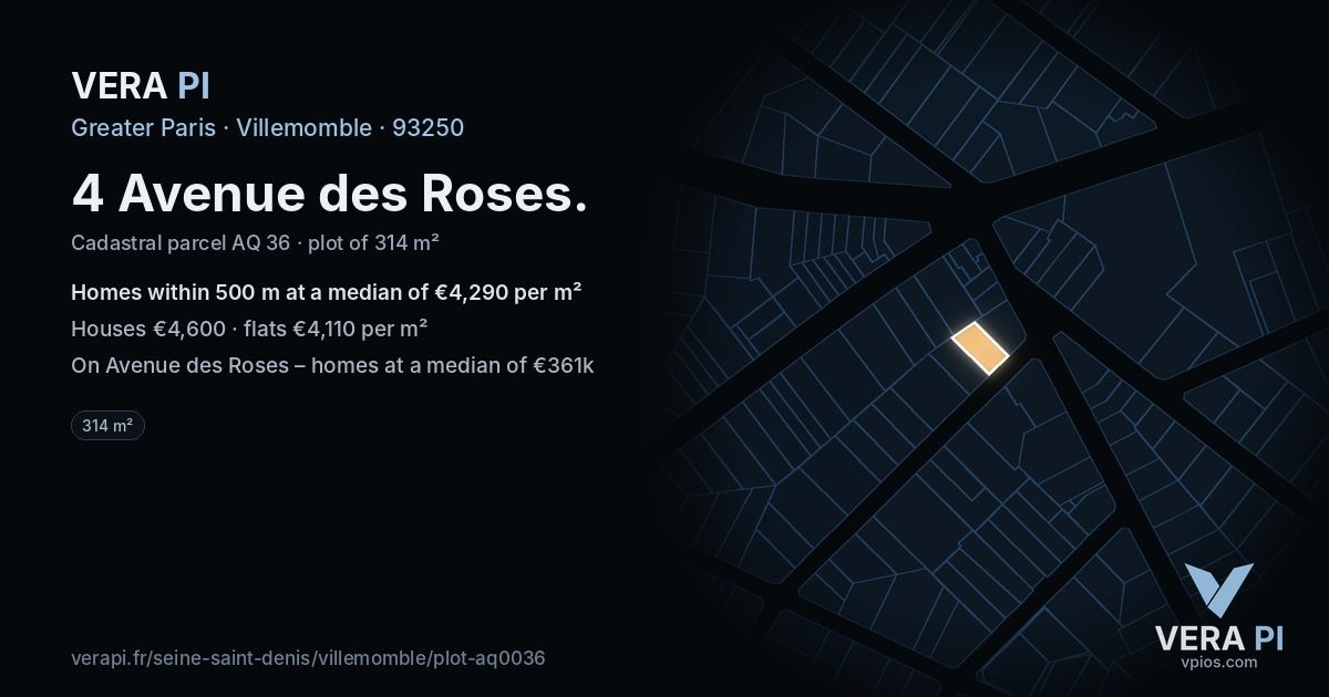 4 Avenue des Roses, Villemomble at night – the plot lit, the parcels around coloured by the prices near them
