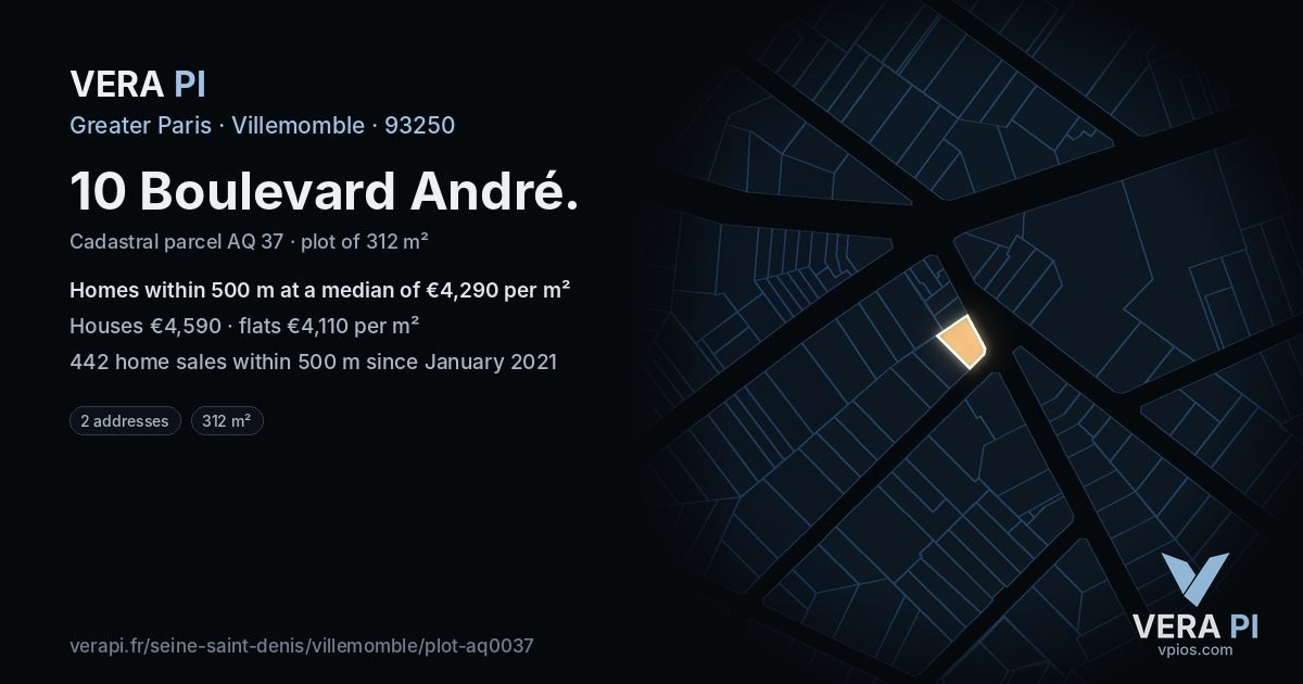 10 Boulevard André, Villemomble at night – the plot lit, the parcels around coloured by the prices near them