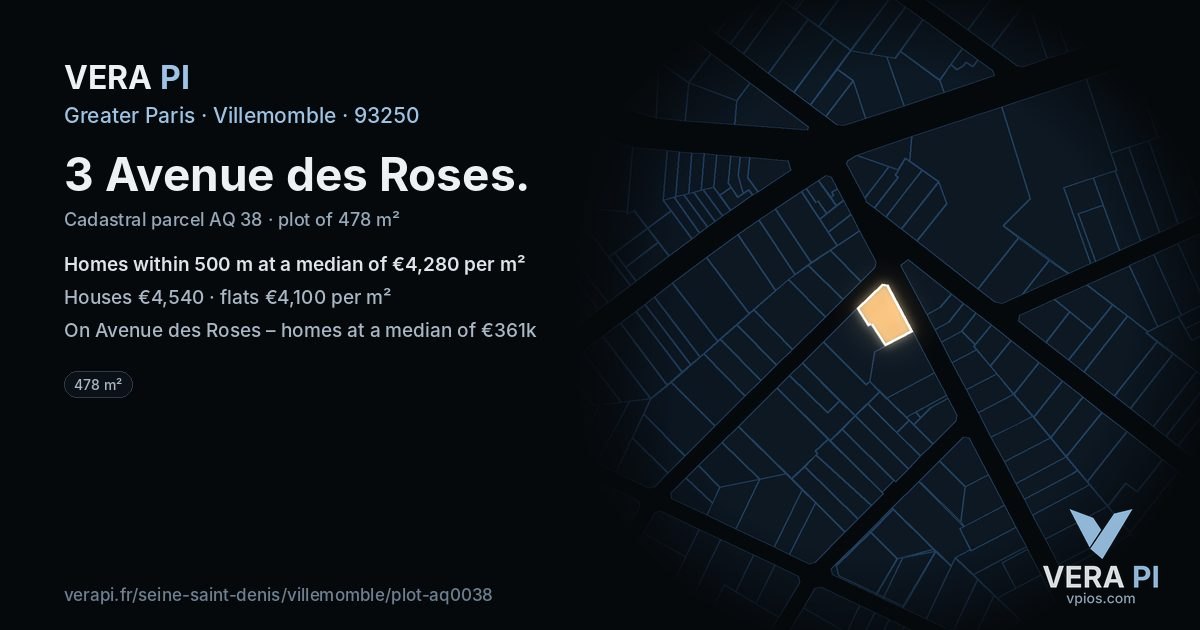 3 Avenue des Roses, Villemomble at night – the plot lit, the parcels around coloured by the prices near them