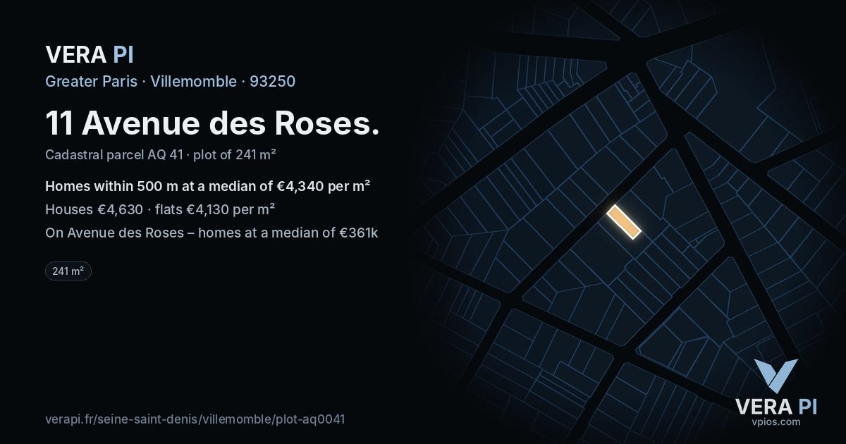 11 Avenue des Roses, Villemomble at night – the plot lit, the parcels around coloured by the prices near them