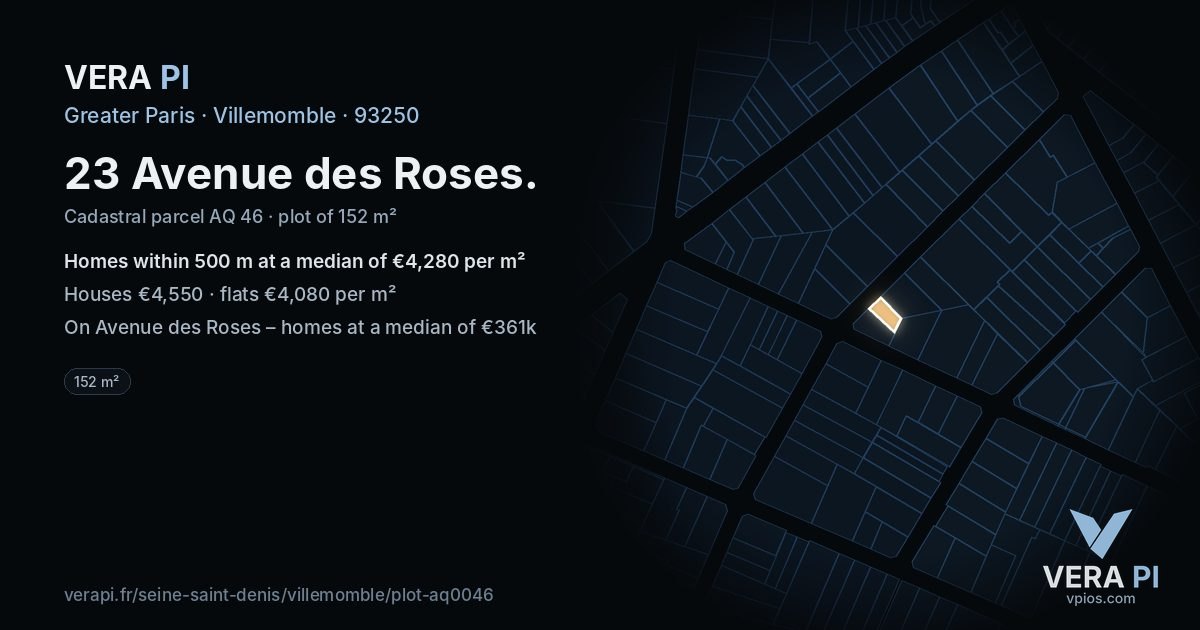 23 Avenue des Roses, Villemomble at night – the plot lit, the parcels around coloured by the prices near them