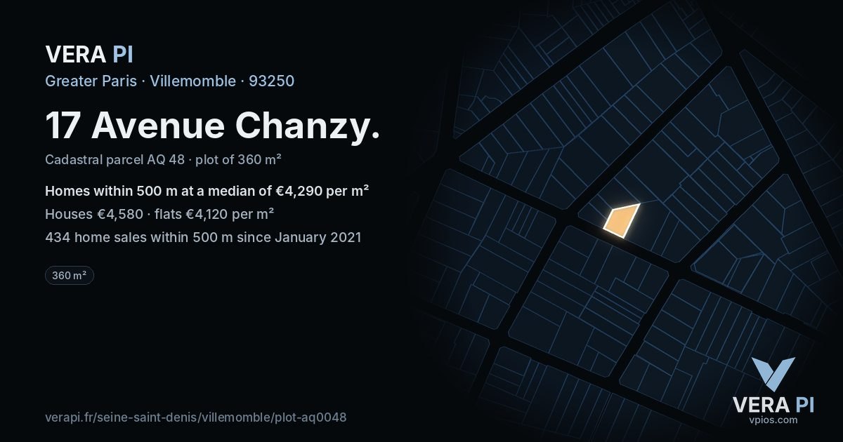 17 Avenue Chanzy, Villemomble at night – the plot lit, the parcels around coloured by the prices near them