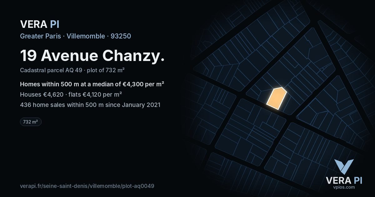 19 Avenue Chanzy, Villemomble at night – the plot lit, the parcels around coloured by the prices near them