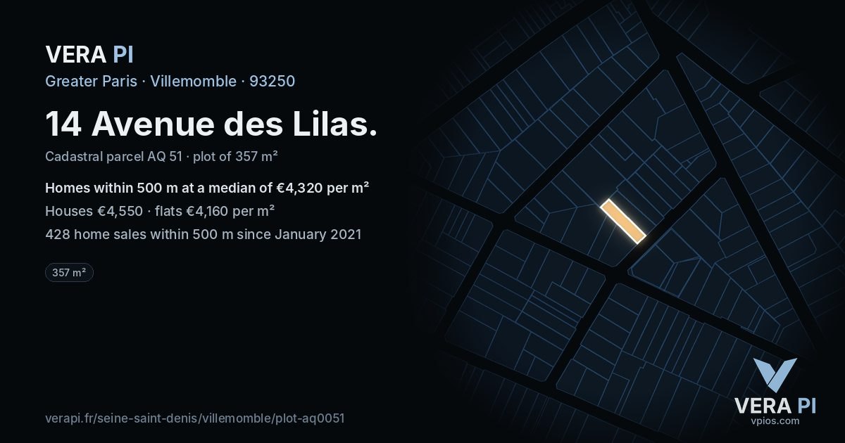 14 Avenue des Lilas, Villemomble at night – the plot lit, the parcels around coloured by the prices near them
