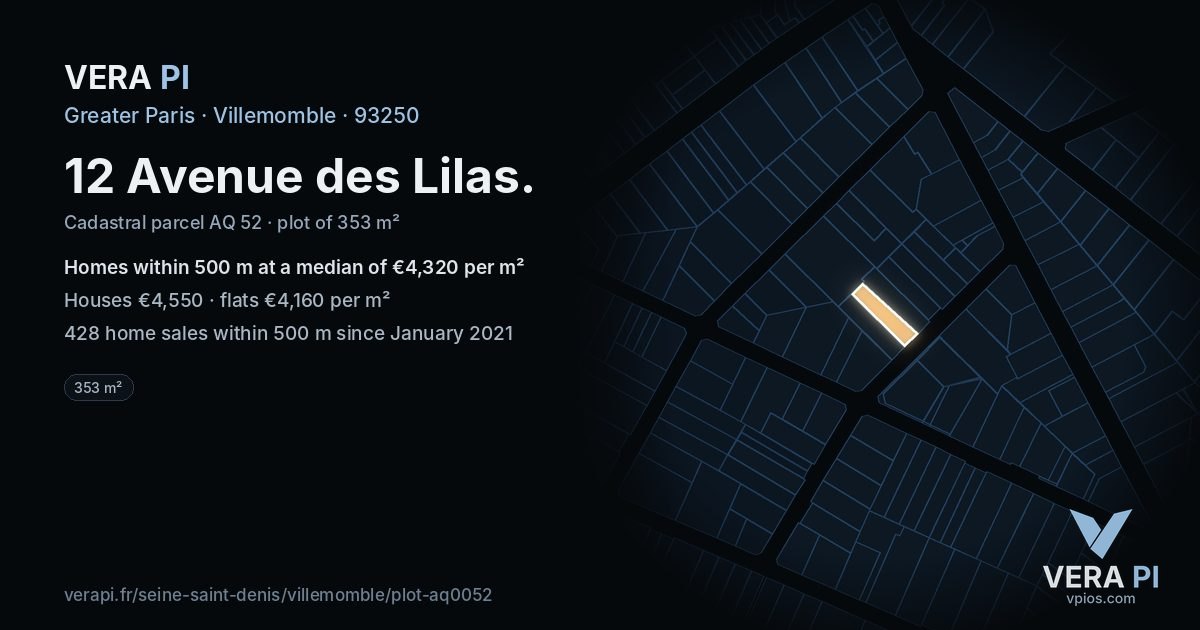 12 Avenue des Lilas, Villemomble at night – the plot lit, the parcels around coloured by the prices near them