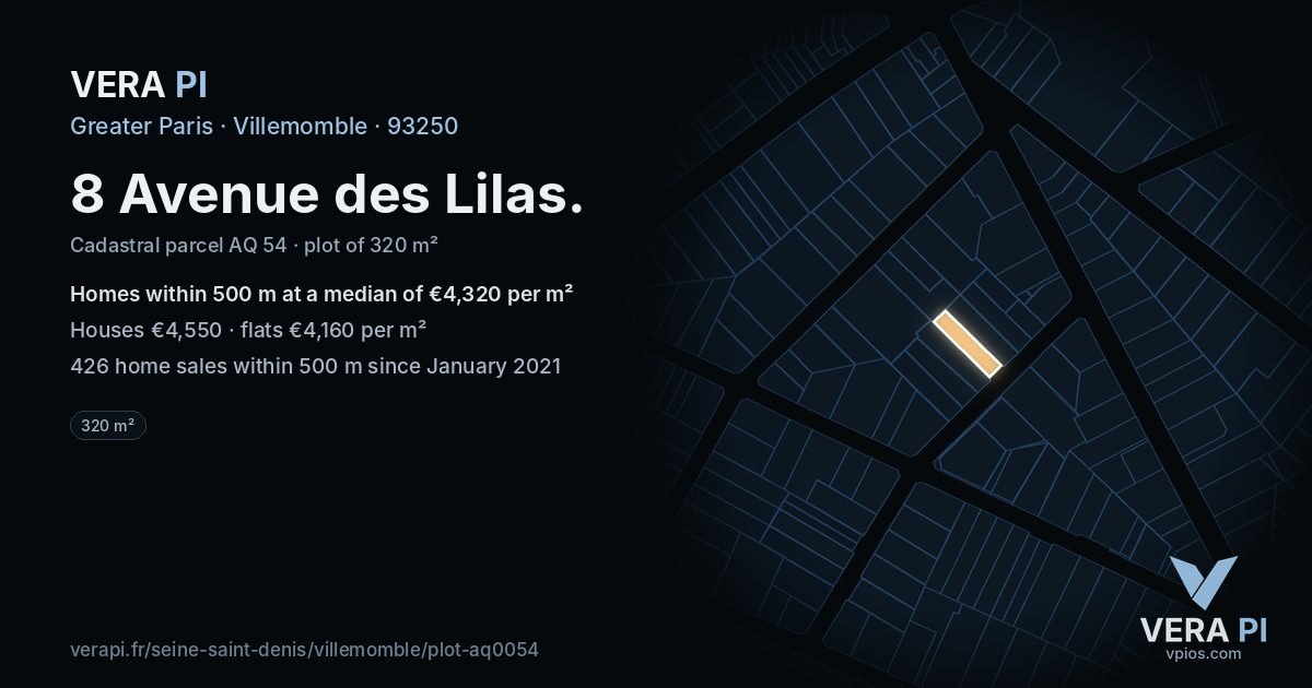 8 Avenue des Lilas, Villemomble at night – the plot lit, the parcels around coloured by the prices near them