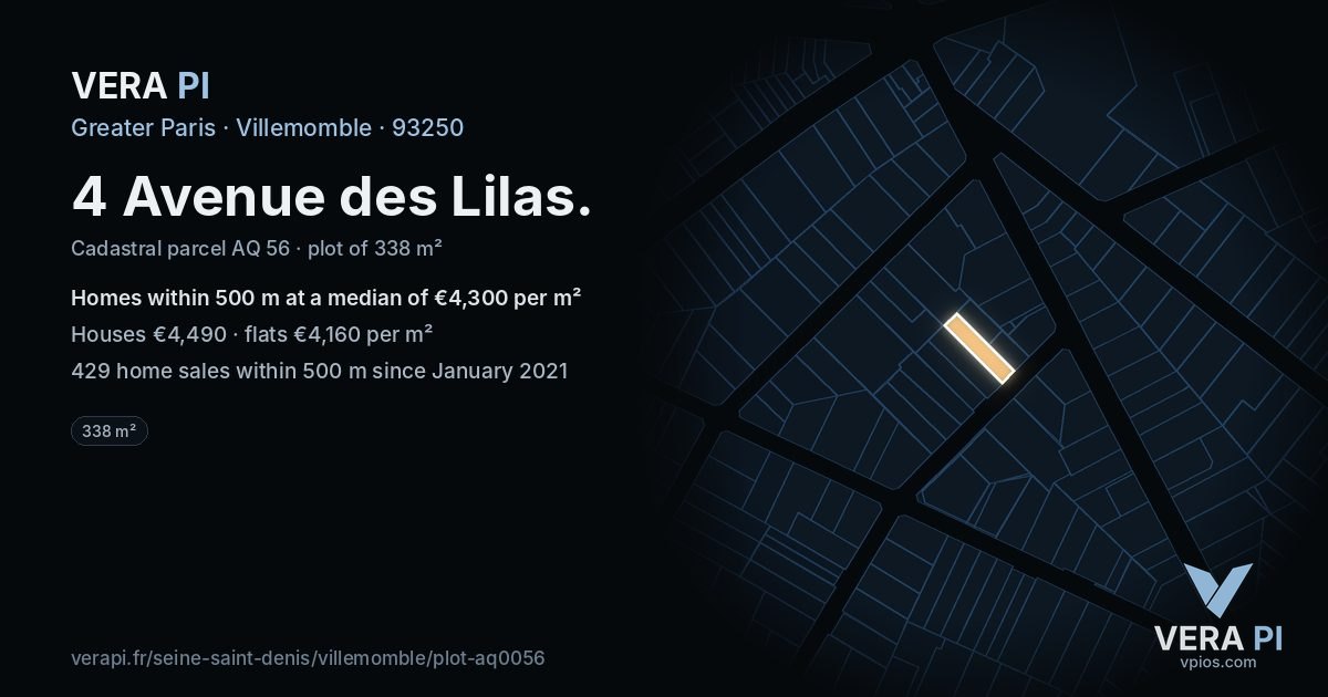 4 Avenue des Lilas, Villemomble at night – the plot lit, the parcels around coloured by the prices near them