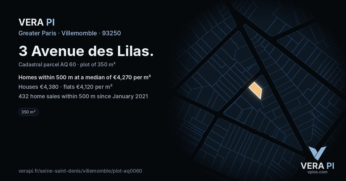 3 Avenue des Lilas, Villemomble at night – the plot lit, the parcels around coloured by the prices near them