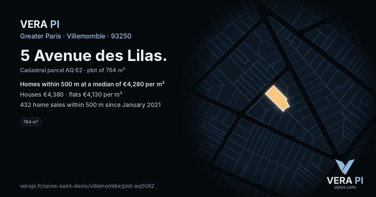 5 Avenue des Lilas, Villemomble at night – the plot lit, the parcels around coloured by the prices near them