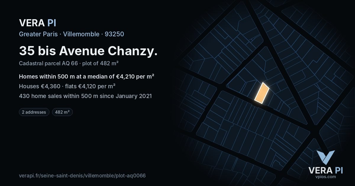 35 bis Avenue Chanzy, Villemomble at night – the plot lit, the parcels around coloured by the prices near them