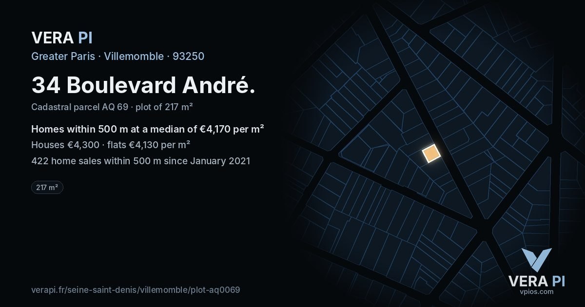 34 Boulevard André, Villemomble at night – the plot lit, the parcels around coloured by the prices near them