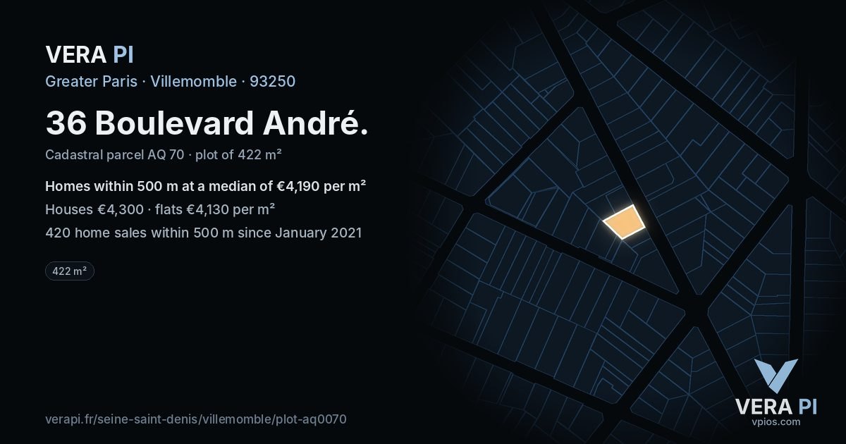 36 Boulevard André, Villemomble at night – the plot lit, the parcels around coloured by the prices near them