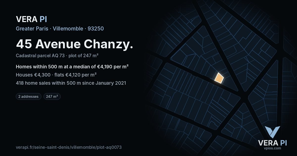45 Avenue Chanzy, Villemomble at night – the plot lit, the parcels around coloured by the prices near them