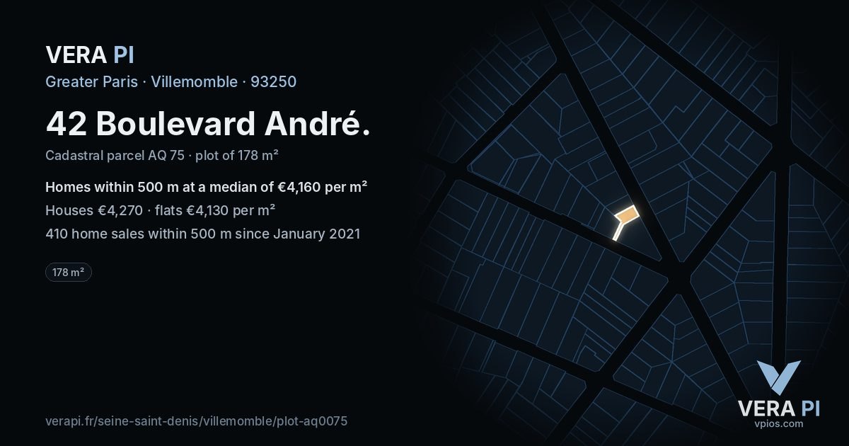 42 Boulevard André, Villemomble at night – the plot lit, the parcels around coloured by the prices near them