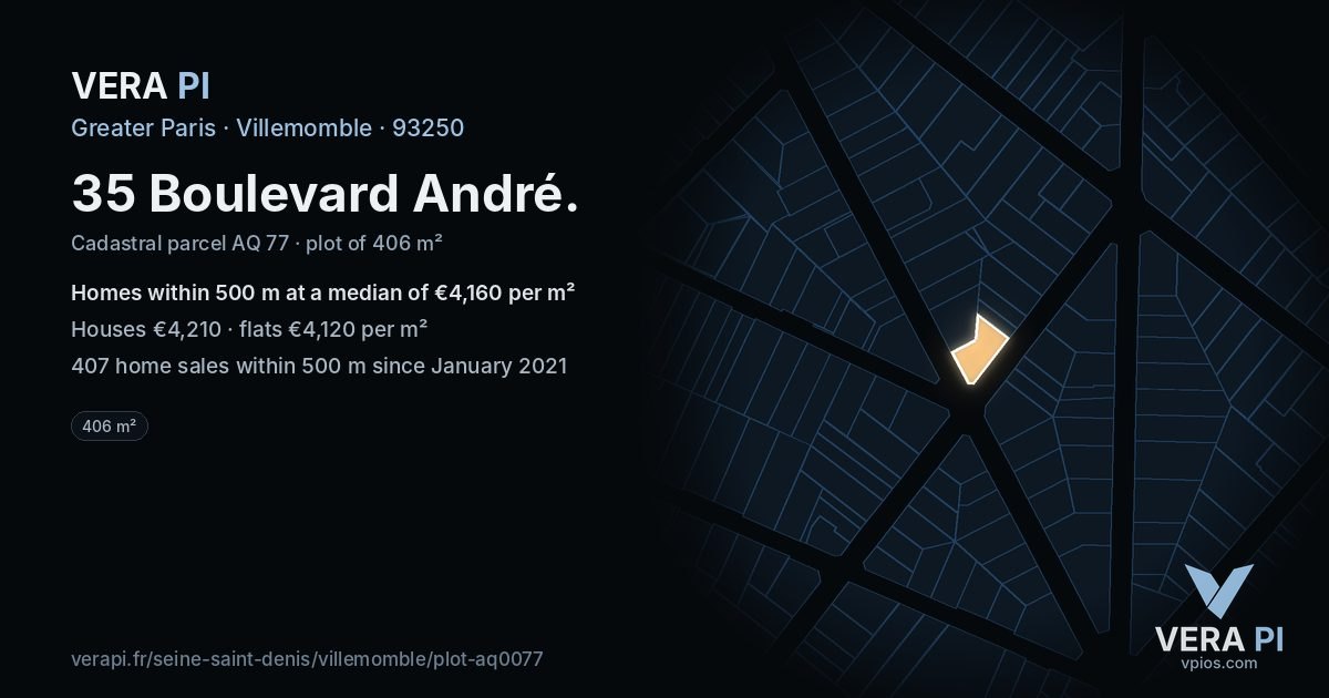 35 Boulevard André, Villemomble at night – the plot lit, the parcels around coloured by the prices near them