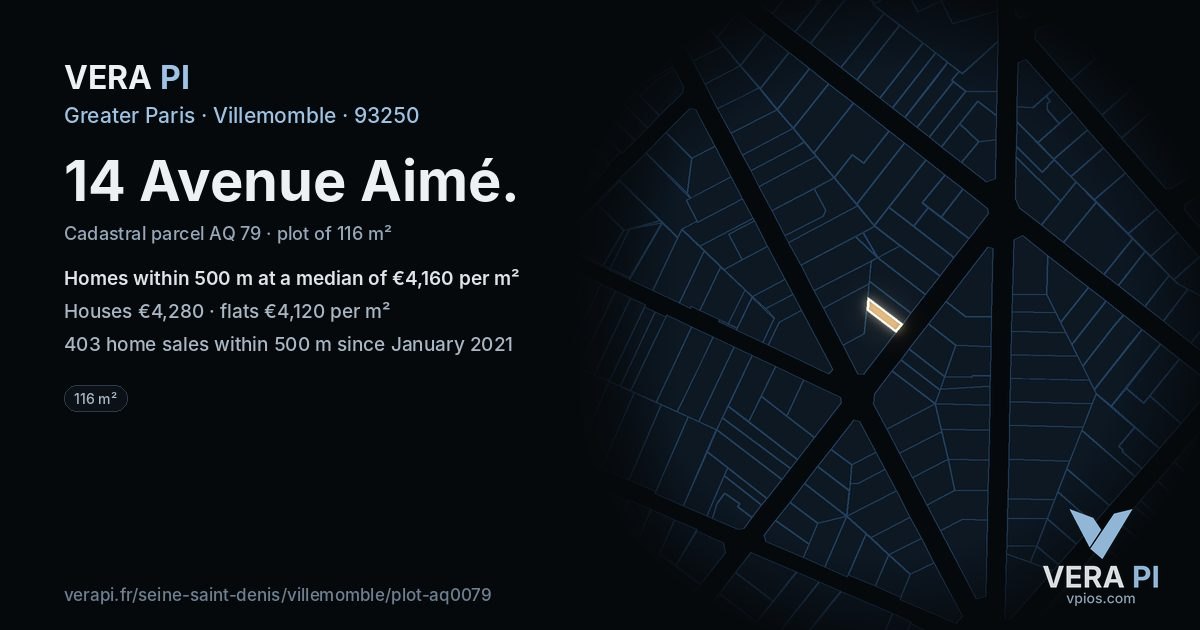 14 Avenue Aimé, Villemomble at night – the plot lit, the parcels around coloured by the prices near them