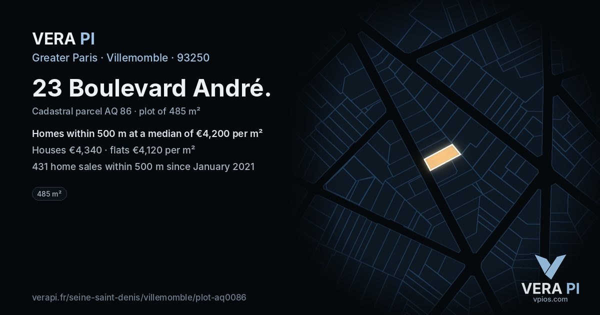 23 Boulevard André, Villemomble at night – the plot lit, the parcels around coloured by the prices near them