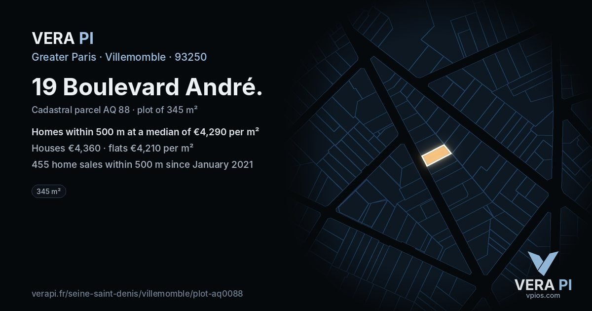 19 Boulevard André, Villemomble at night – the plot lit, the parcels around coloured by the prices near them