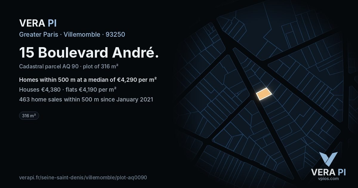 15 Boulevard André, Villemomble at night – the plot lit, the parcels around coloured by the prices near them