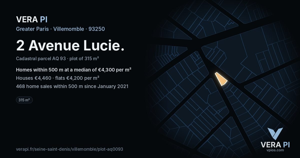 2 Avenue Lucie, Villemomble at night – the plot lit, the parcels around coloured by the prices near them