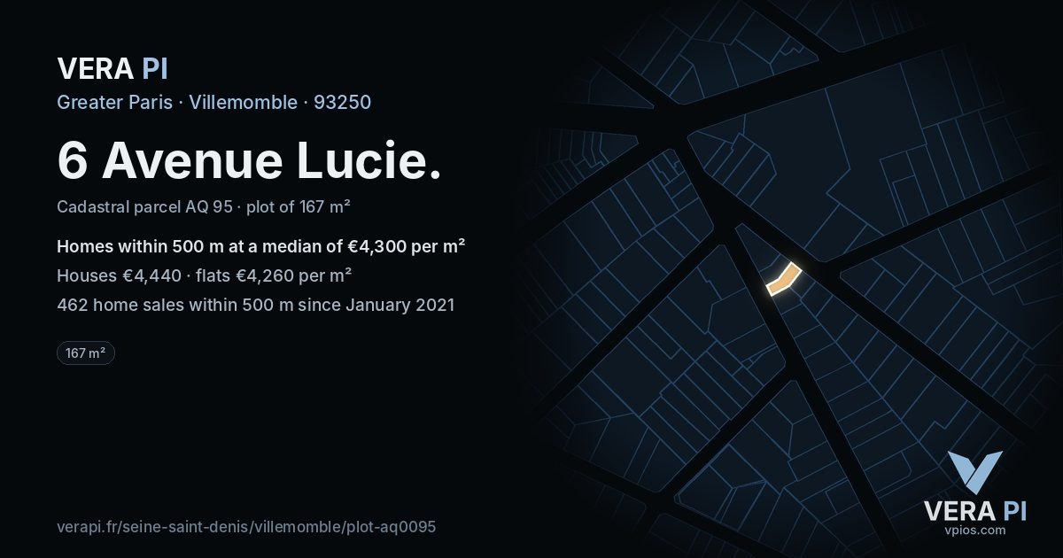 6 Avenue Lucie, Villemomble at night – the plot lit, the parcels around coloured by the prices near them
