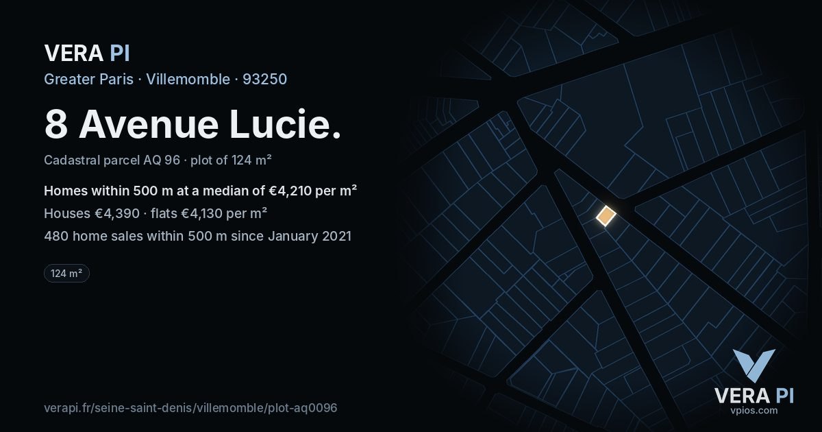 8 Avenue Lucie, Villemomble at night – the plot lit, the parcels around coloured by the prices near them