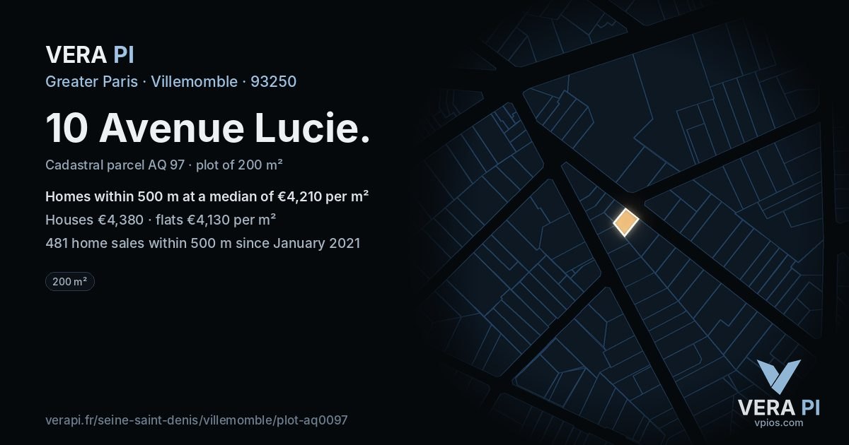 10 Avenue Lucie, Villemomble at night – the plot lit, the parcels around coloured by the prices near them