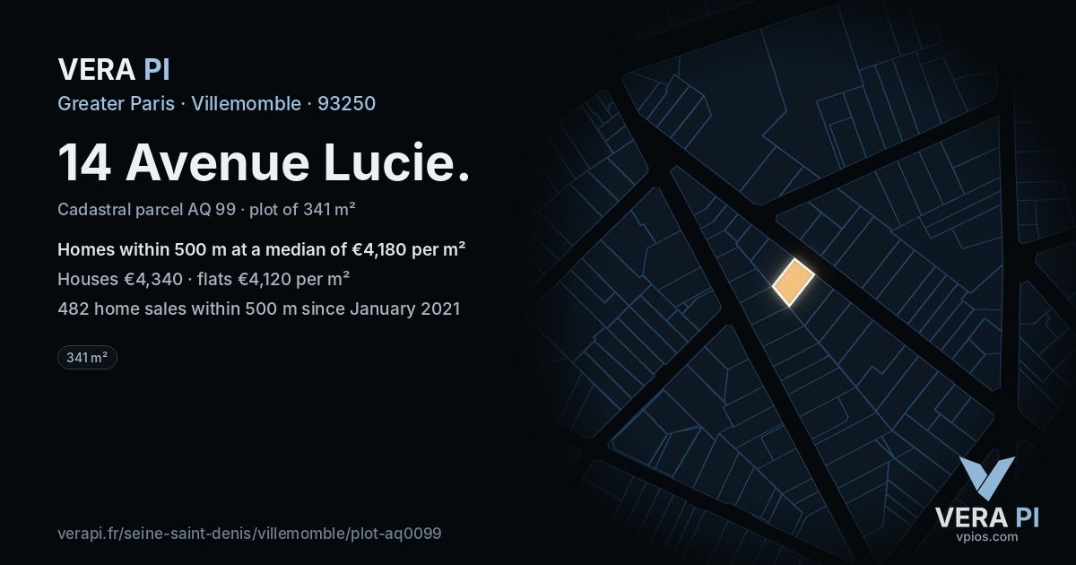 14 Avenue Lucie, Villemomble at night – the plot lit, the parcels around coloured by the prices near them