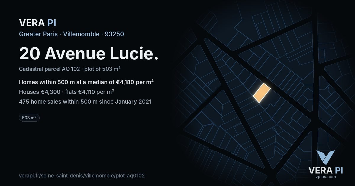 20 Avenue Lucie, Villemomble at night – the plot lit, the parcels around coloured by the prices near them