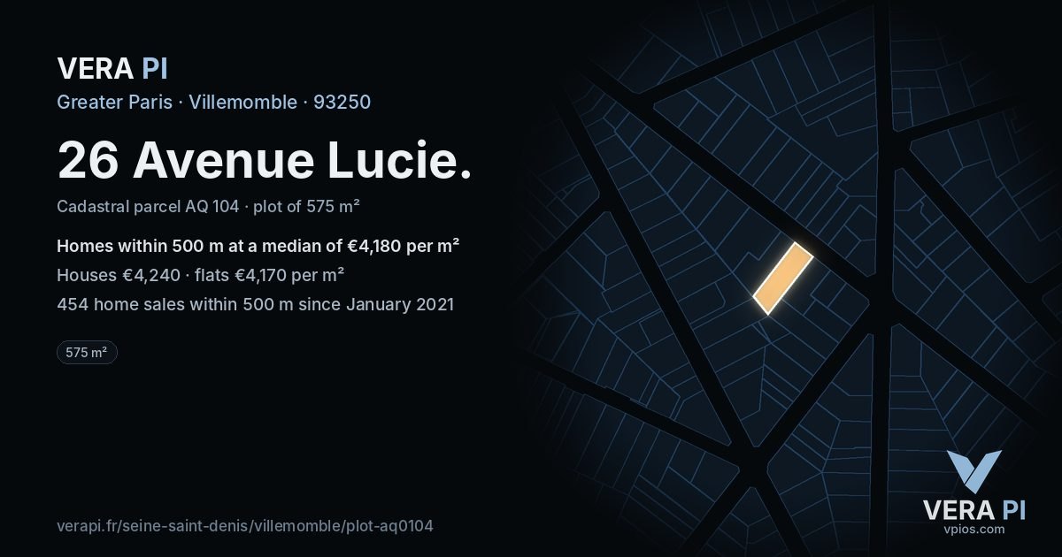 26 Avenue Lucie, Villemomble at night – the plot lit, the parcels around coloured by the prices near them